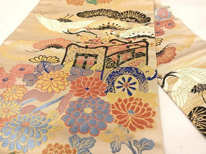 平和屋着物◎アンティーク　大正ロマン　九寸名古屋帯　唐織　御所車飛鶴花文　金糸　正絹　逸品　AABB0693uw