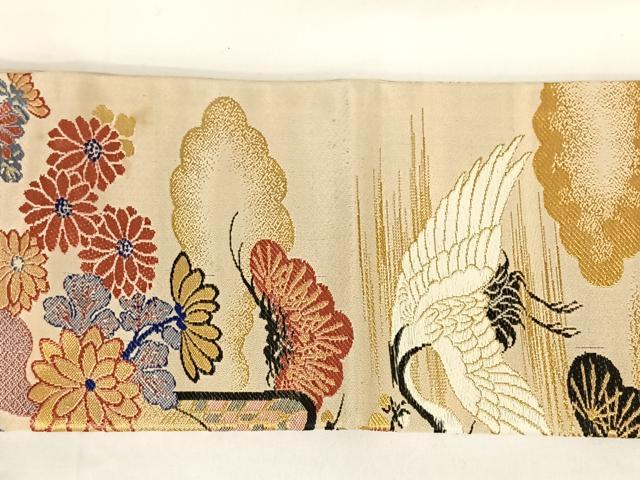 平和屋着物◎アンティーク　大正ロマン　九寸名古屋帯　唐織　御所車飛鶴花文　金糸　正絹　逸品　AABB0693uw
