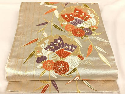 平和屋着物◎六通柄袋帯 唐織 花蝶文 金糸 正絹 逸品 AABB0707uw