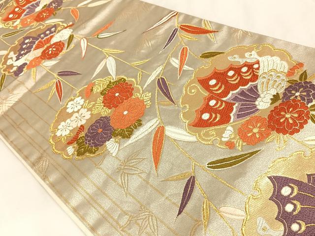 平和屋着物◎六通柄袋帯 唐織 花蝶文 金糸 正絹 逸品 AABB0707uw