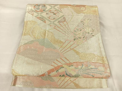 平和屋着物◎900織特選佐賀錦 六通柄袋帯 扇面花鳥文 金銀糸 正絹 逸品 AABB0719uw