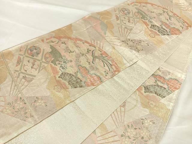 平和屋着物◎900織特選佐賀錦 六通柄袋帯 扇面花鳥文 金銀糸 正絹 逸品 AABB0719uw