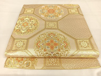 平和屋着物◎六通柄袋帯 正倉院花文 金糸 正絹 逸品 AABB0724uw