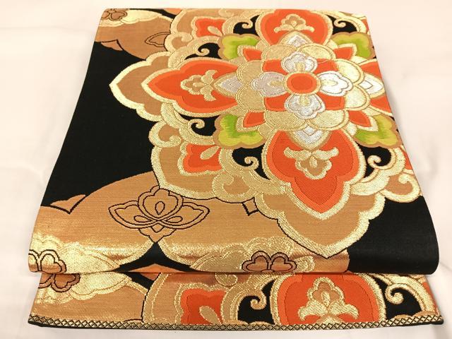 平和屋着物◎六通柄袋帯　唐織　正倉院花文　黒地　金銀糸　正絹　逸品　AABB0725uw