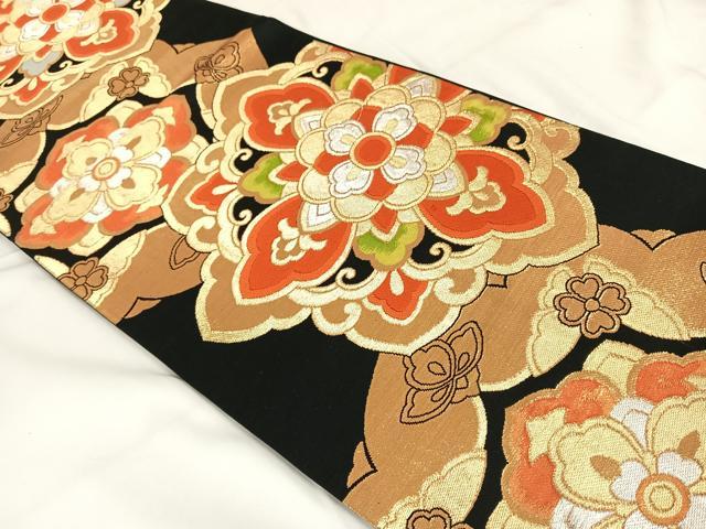 平和屋着物◎六通柄袋帯　唐織　正倉院花文　黒地　金銀糸　正絹　逸品　AABB0725uw