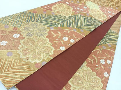 平和屋着物◎六通柄袋帯　唐織　枝垂れ花文　金糸　正絹　逸品　AABB0759uw