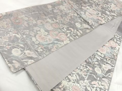 平和屋着物◎六通柄袋帯 草花文 銀糸 正絹 逸品 AABB0771uw