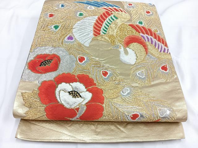 平和屋着物◎六通柄袋帯 唐織 孔雀花文 金銀糸 正絹 逸品 AABB0773uw