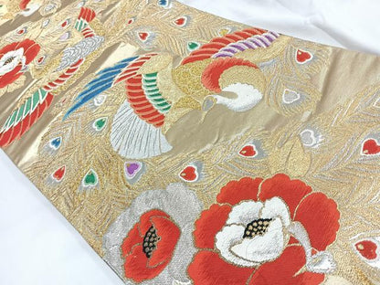 平和屋着物◎六通柄袋帯 唐織 孔雀花文 金銀糸 正絹 逸品 AABB0773uw