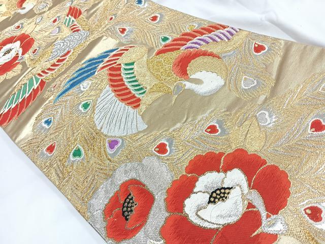 平和屋着物◎六通柄袋帯 唐織 孔雀花文 金銀糸 正絹 逸品 AABB0773uw