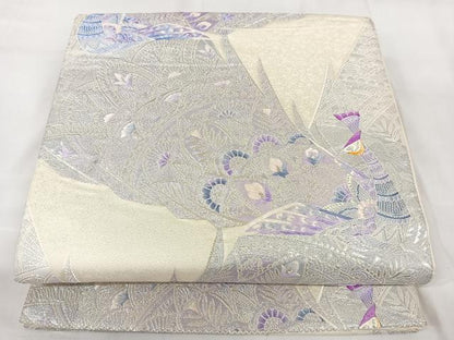 平和屋着物◎六通柄袋帯　唐織　孔雀花文　銀糸　正絹　逸品　AABB0807uw