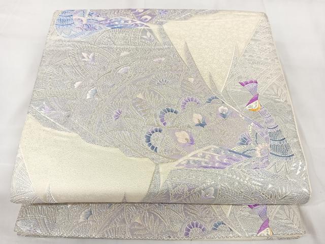 平和屋着物◎六通柄袋帯　唐織　孔雀花文　銀糸　正絹　逸品　AABB0807uw