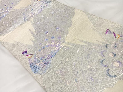 平和屋着物◎六通柄袋帯　唐織　孔雀花文　銀糸　正絹　逸品　AABB0807uw