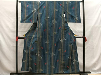平和屋着物▽上質な紬 単衣 流水舞蝶文 正絹 逸品 AABB0868uw