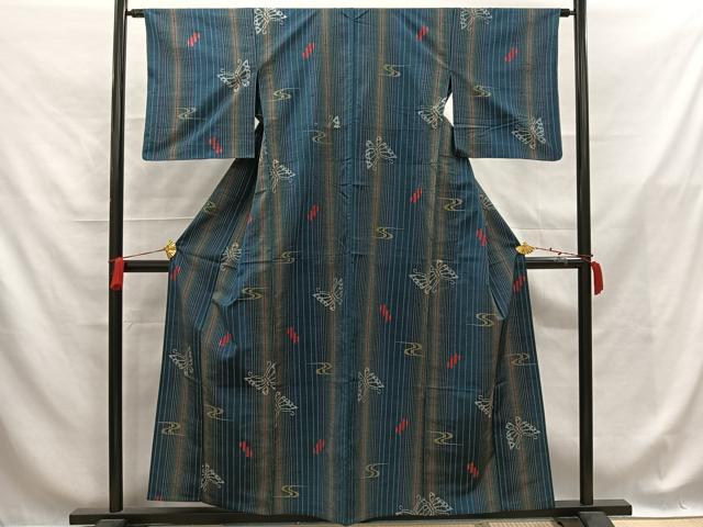 平和屋着物▽上質な紬 単衣 流水舞蝶文 正絹 逸品 AABB0868uw