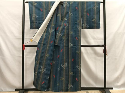 平和屋着物▽上質な紬 単衣 流水舞蝶文 正絹 逸品 AABB0868uw