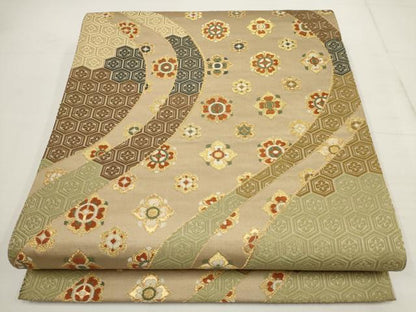 平和屋着物▼六通柄袋帯　唐織　よろけ亀甲花間道　金糸　正絹　逸品　AABB0922wj