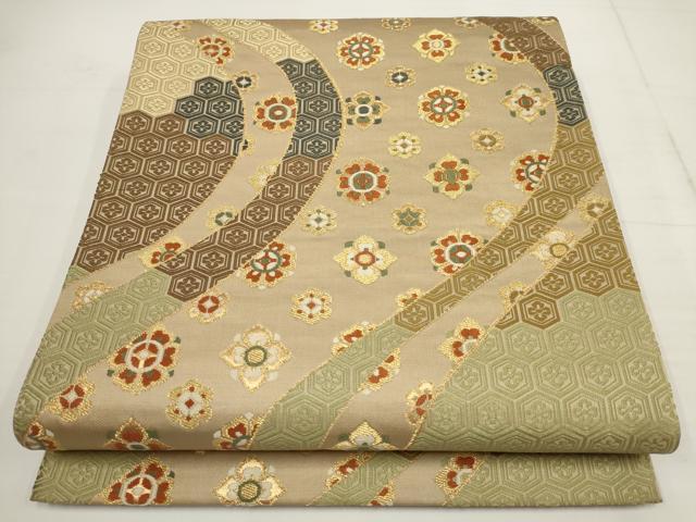 平和屋着物▼六通柄袋帯　唐織　よろけ亀甲花間道　金糸　正絹　逸品　AABB0922wj