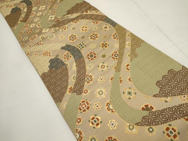 平和屋着物▼六通柄袋帯　唐織　よろけ亀甲花間道　金糸　正絹　逸品　AABB0922wj