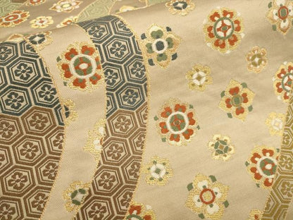 平和屋着物▼六通柄袋帯　唐織　よろけ亀甲花間道　金糸　正絹　逸品　AABB0922wj