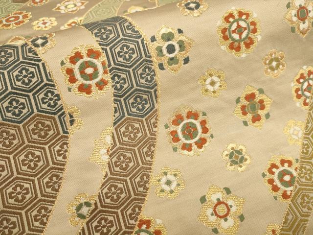 平和屋着物▼六通柄袋帯　唐織　よろけ亀甲花間道　金糸　正絹　逸品　AABB0922wj