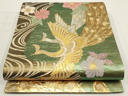 平和屋着物▼六通柄袋帯　孔雀花文　黒地　金糸　正絹　逸品　AABB0976wj