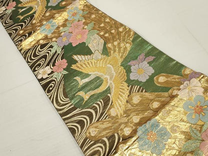 平和屋着物▼六通柄袋帯　孔雀花文　黒地　金糸　正絹　逸品　AABB0976wj