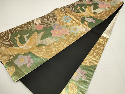 平和屋着物▼六通柄袋帯　孔雀花文　黒地　金糸　正絹　逸品　AABB0976wj