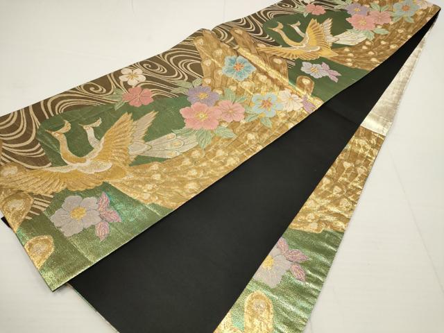 平和屋着物▼六通柄袋帯　孔雀花文　黒地　金糸　正絹　逸品　AABB0976wj