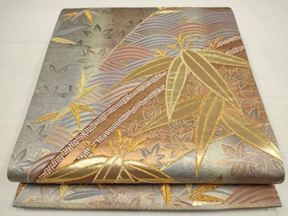 平和屋着物▼両面六通柄袋帯　立波葉文　金糸　正絹　逸品　AABB1142wj