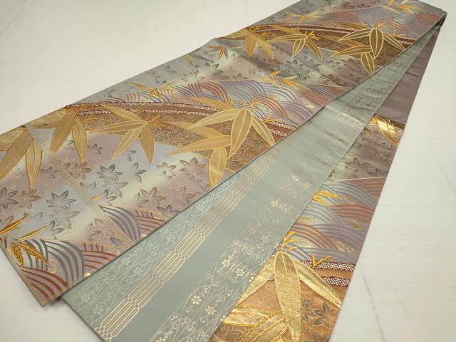 平和屋着物▼両面六通柄袋帯　立波葉文　金糸　正絹　逸品　AABB1142wj