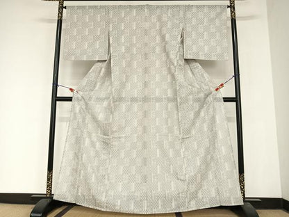 平和屋着物＊夏物 色無地 風通 市松花紋紗 銀鼠色 正絹 逸品 AABB1337np