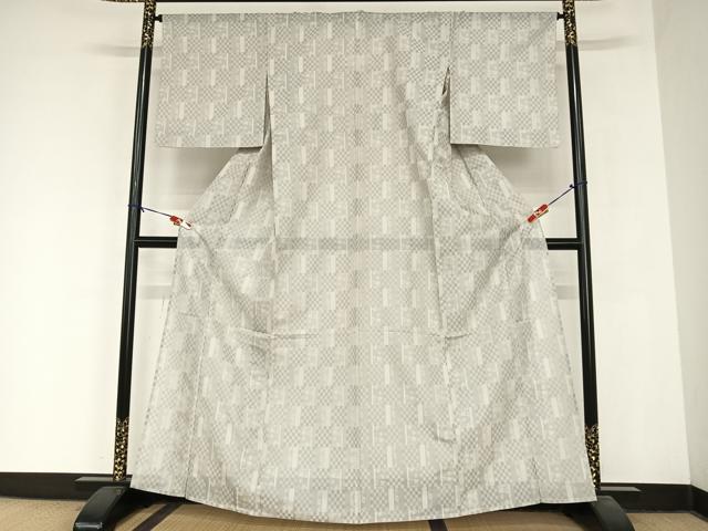平和屋着物＊夏物 色無地 風通 市松花紋紗 銀鼠色 正絹 逸品 AABB1337np