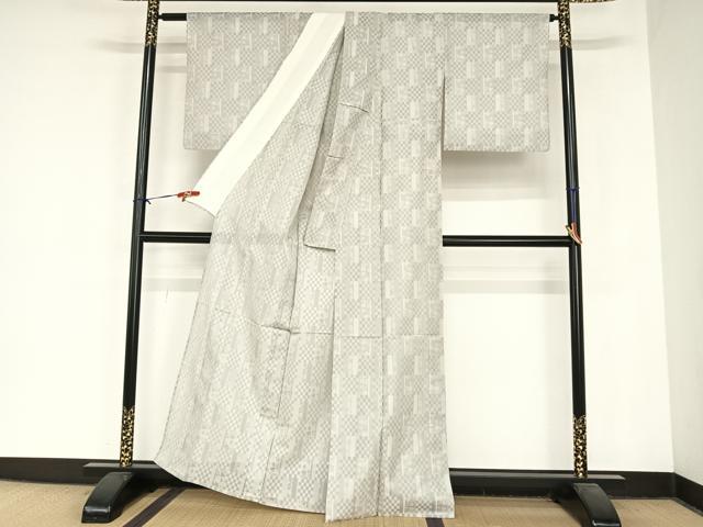 平和屋着物＊夏物 色無地 風通 市松花紋紗 銀鼠色 正絹 逸品 AABB1337np