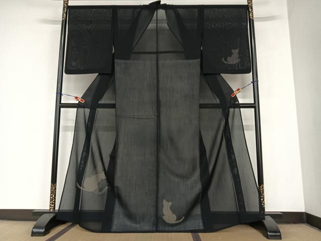 平和屋着物＊夏物 紗紬 訪問着 猫 黒地 正絹 逸品 AABB1338np