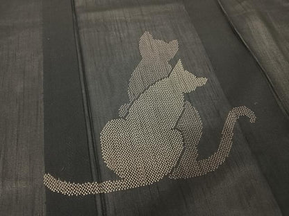 平和屋着物＊夏物 紗紬 訪問着 猫 黒地 正絹 逸品 AABB1338np