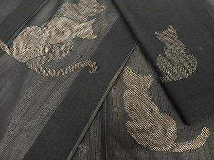 平和屋着物＊夏物 紗紬 訪問着 猫 黒地 正絹 逸品 AABB1338np