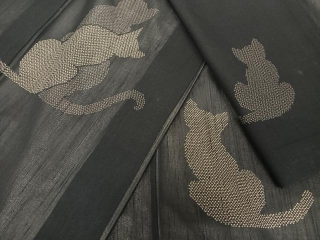 平和屋着物＊夏物 紗紬 訪問着 猫 黒地 正絹 逸品 AABB1338np