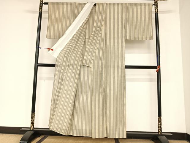 平和屋着物＊夏物　本場小千谷ちぢみ　縞　麻　逸品　AABB1339np