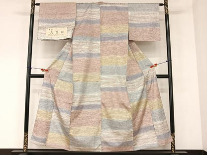 平和屋着物▽花背紬 単衣 縞 証紙付き 正絹 逸品 AABB1346np