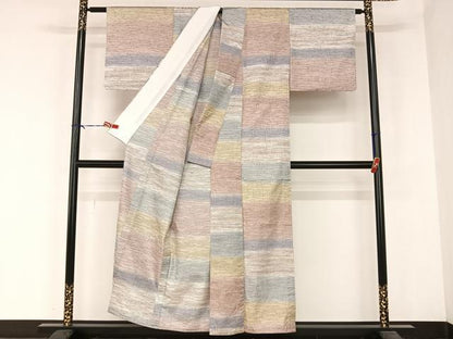 平和屋着物▽花背紬 単衣 縞 証紙付き 正絹 逸品 AABB1346np