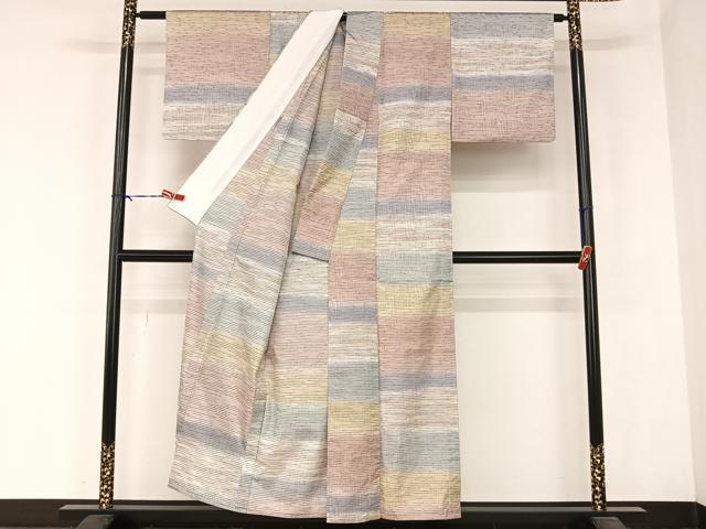 平和屋着物▽花背紬 単衣 縞 証紙付き 正絹 逸品 AABB1346np