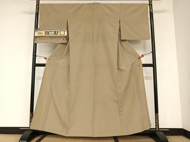 平和屋着物▽本塩沢 単衣 縞 大丸織物 証紙付き 正絹 逸品 AABB1354np