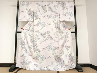 平和屋着物▽上質な小紋　単衣　花鳥文　暈し染め　正絹　逸品　AABB1359np
