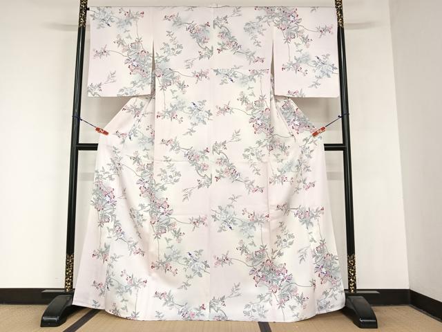 平和屋着物▽上質な小紋　単衣　花鳥文　暈し染め　正絹　逸品　AABB1359np