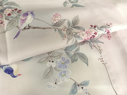 平和屋着物▽上質な小紋　単衣　花鳥文　暈し染め　正絹　逸品　AABB1359np