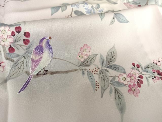 平和屋着物▽上質な小紋　単衣　花鳥文　暈し染め　正絹　逸品　AABB1359np