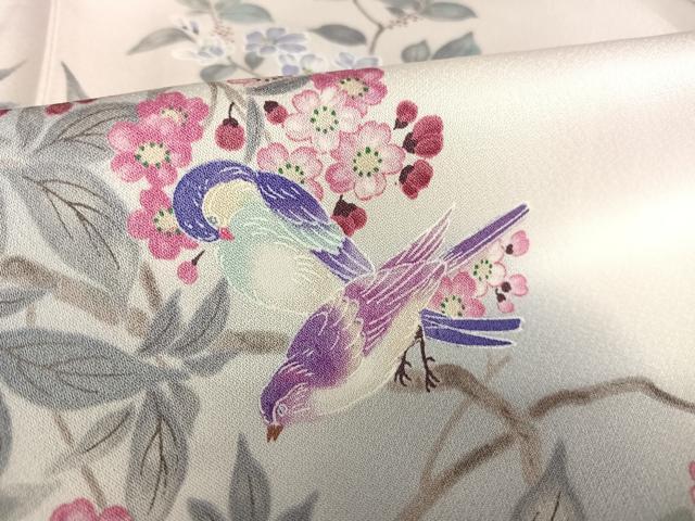 平和屋着物▽上質な小紋　単衣　花鳥文　暈し染め　正絹　逸品　AABB1359np