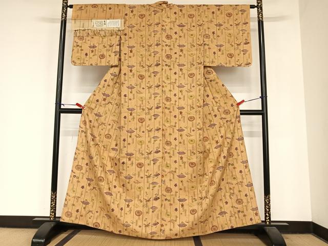 平和屋着物▽染織の名門 しょうざん 生紬 単衣 型染め 草花文 証紙付き 正絹 逸品 AABB1374np