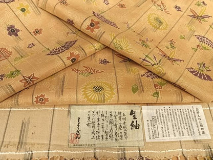 平和屋着物▽染織の名門 しょうざん 生紬 単衣 型染め 草花文 証紙付き 正絹 逸品 AABB1374np